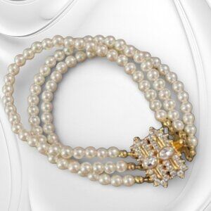 Vintage Triple Strand Faux Pearl Gold Tone Bracelet Ornate Box Clasp